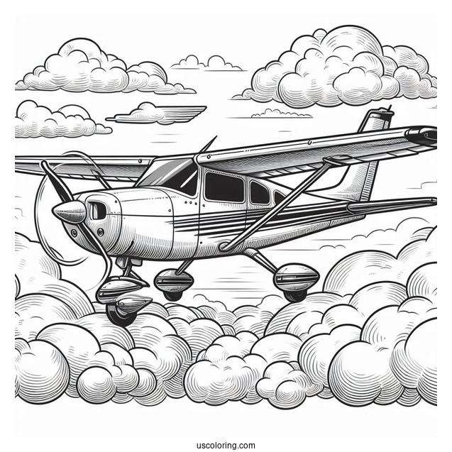 Private Plane Flying In The Clouds To Color