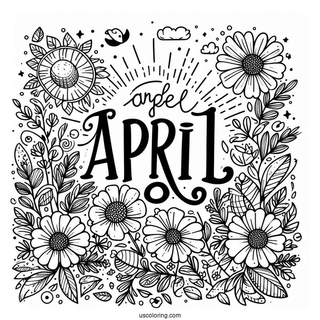 April Coloring Page Fun Word On A Sunny Day With Flowers