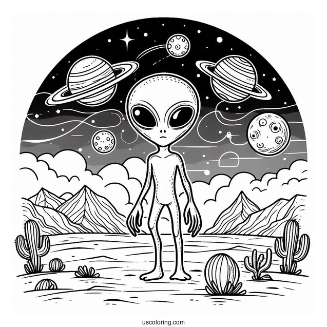 Coloring Page Of Alien On Faraway Planet