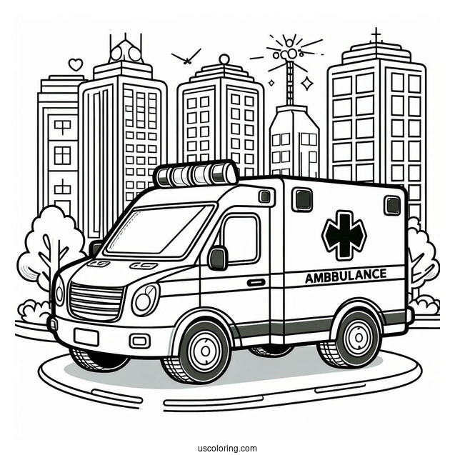 Cartoon Ambulance Coloring Page In The City For Kids