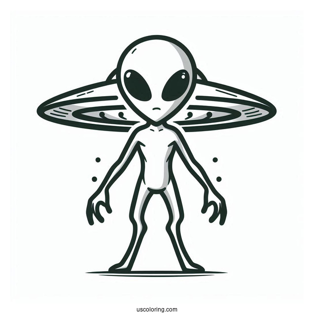 Simple Outline Of Grey Alien With UFO