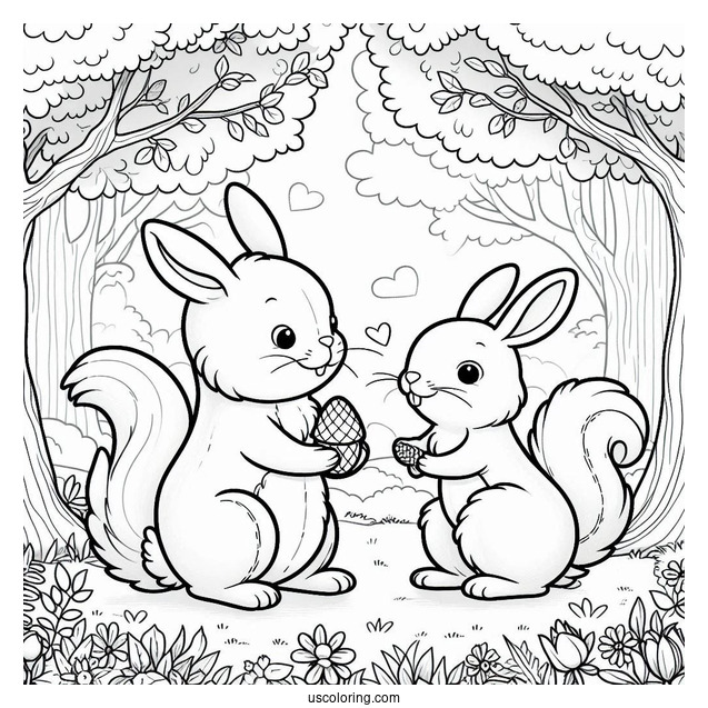Cute Rabbit And Squirrel Playing In The Forest In April Coloring Page