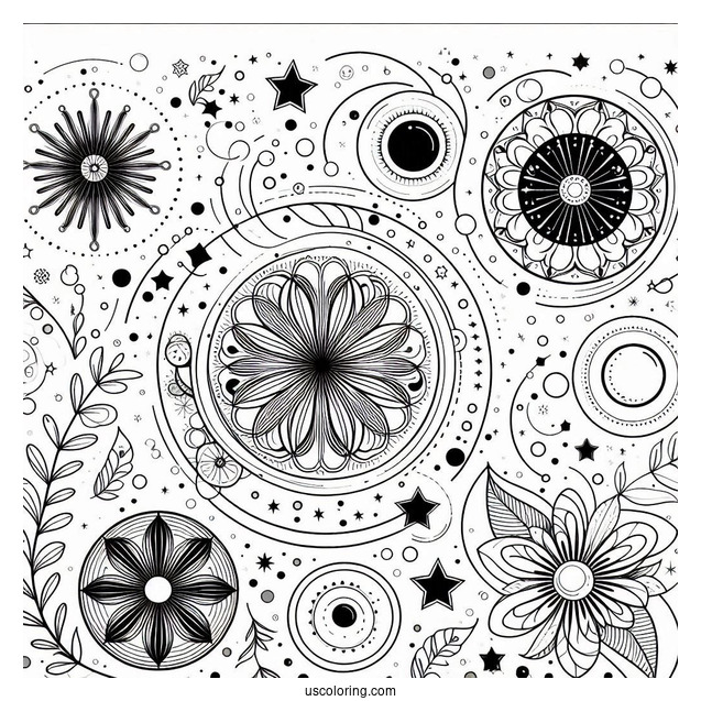 Circles, Stars, And Flowers Abstract Coloring Page