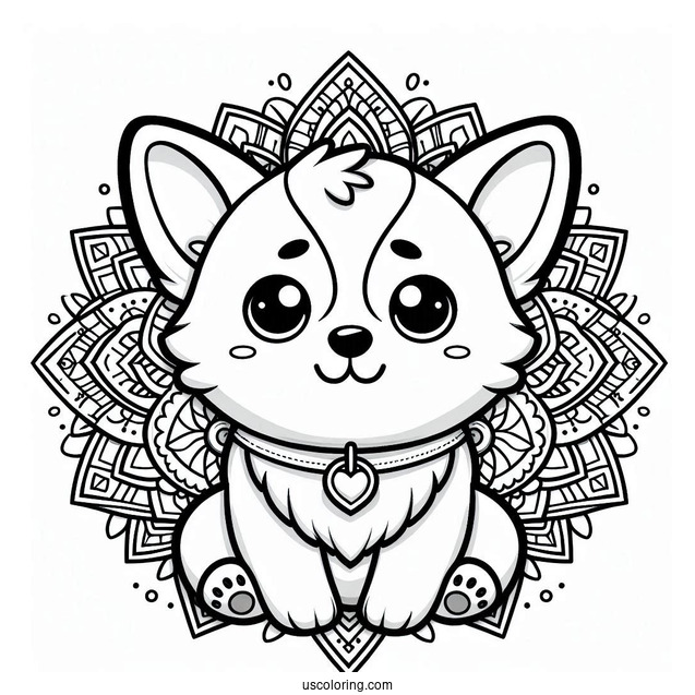 Kawaii Corgi With Collar Inside An Animal Mandala Coloring Page