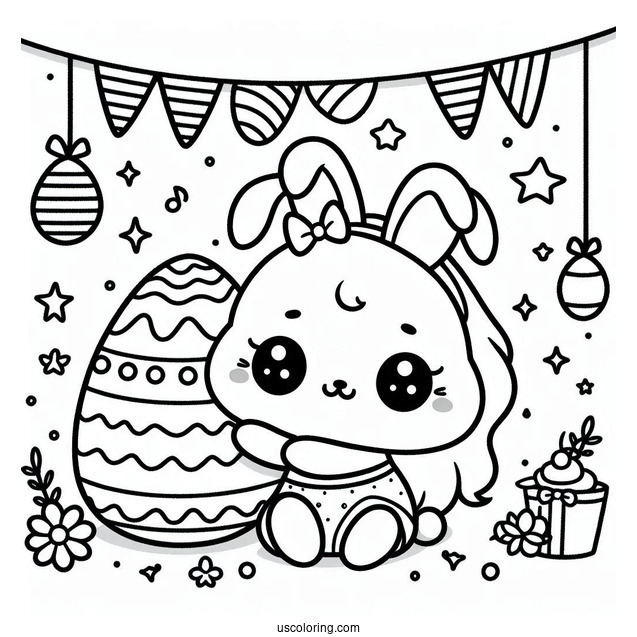 Kawaii Easter Egg And Bunny In April Coloring Page For Kids