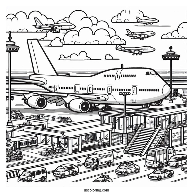 Boeing 747 Plane At Airport To Color