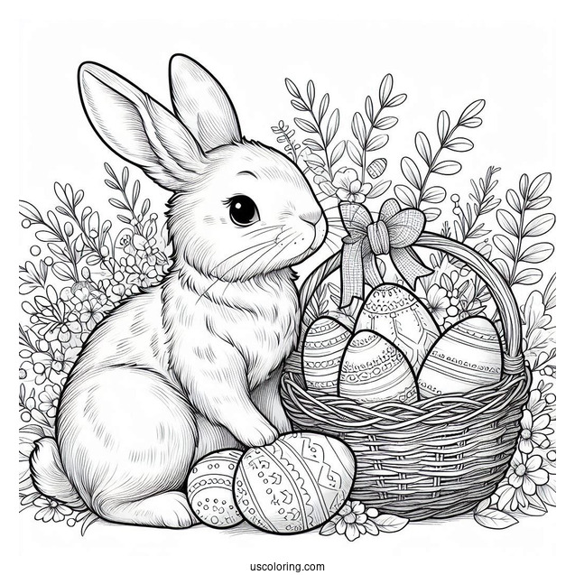Detailed Easter Bunny Guarding Basket Of Eggs In April Coloring Page