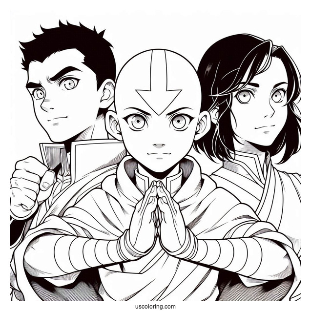 Avatar Aang, Katara, And Sokka Coloring Sheet