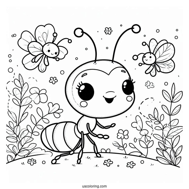 Cute Chibi Ant Coloring Page In A Garden For Preschoolers