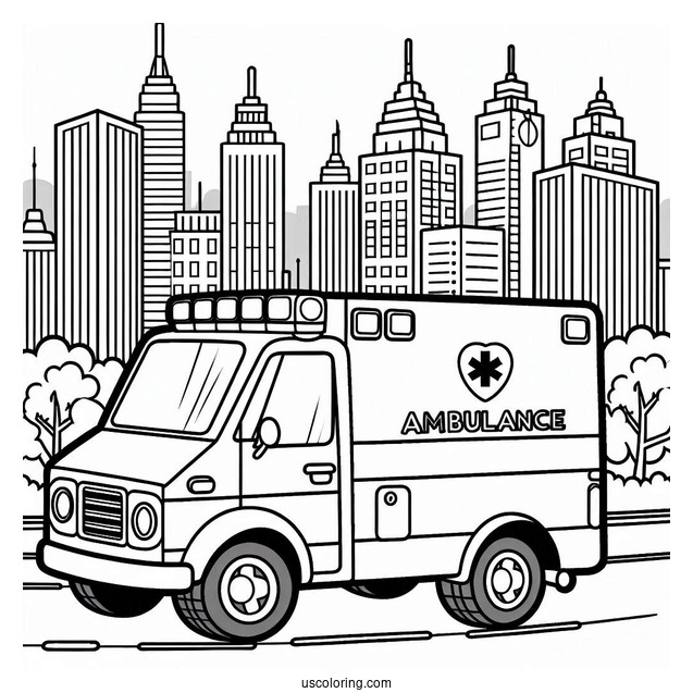 Cartoon Ambulance Coloring Page In The City For Kids
