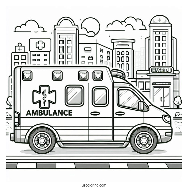 Ambulance Coloring Page Parked Beside A Hospital
