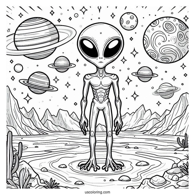 Coloring Page Of Alien On Faraway Planet