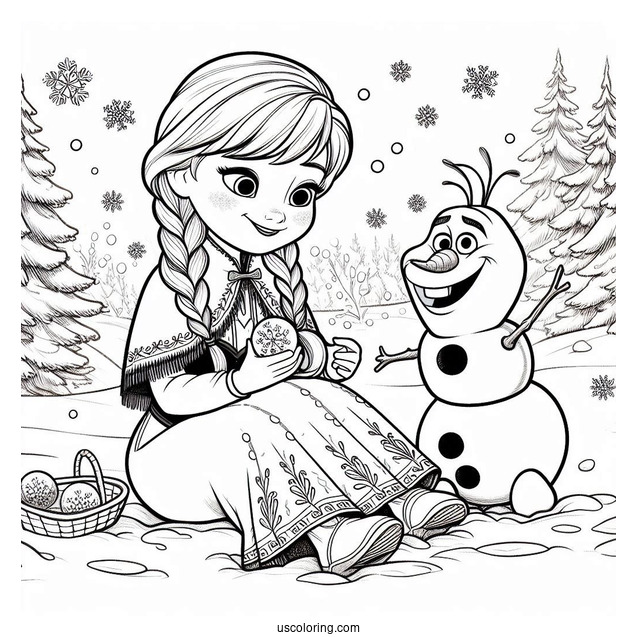 Anna And Olaf Playing In The Snow Coloring Page