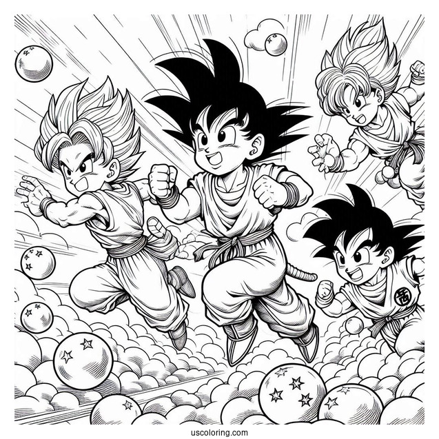 Goku, Gohan, Bulma, And Krillin Chasing Dragon Balls