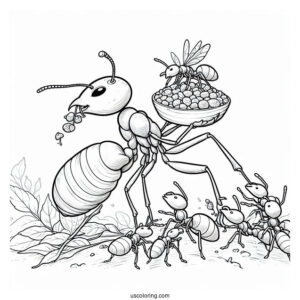 Ant Coloring Page Carrying Food With Queen Ant On Top