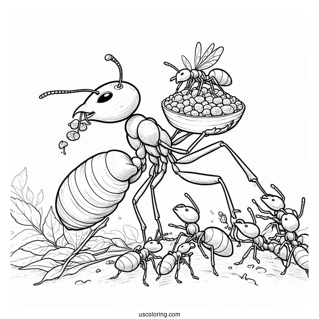 Ant Coloring Page Carrying Food With Queen Ant On Top
