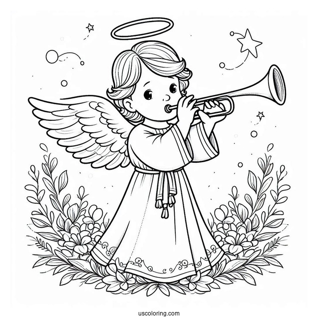 Boy Angel In White Robes Playing Trumpet