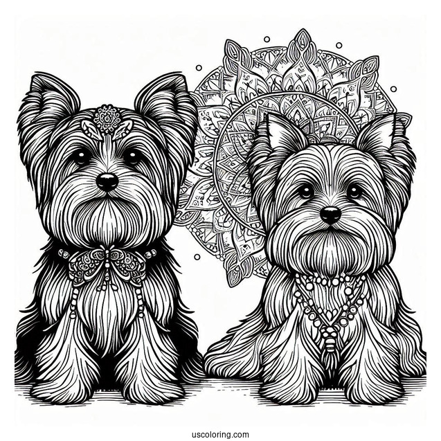 Two Adorable Yorkshire Terrier Dogs In Front Of Animal Mandala Coloring Page