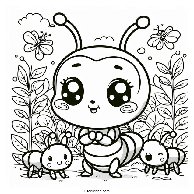 Cute Chibi Ant Coloring Page In A Garden For Preschoolers