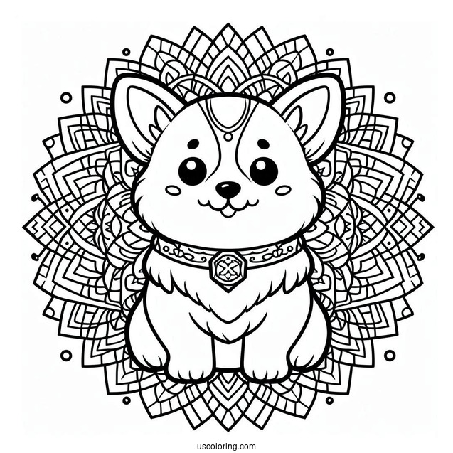 Kawaii Corgi With Collar Inside An Animal Mandala Coloring Page