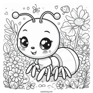 Cute Chibi Ant Coloring Page In A Garden For Preschoolers