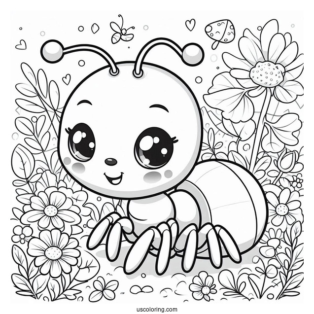 Cute Chibi Ant Coloring Page In A Garden For Preschoolers