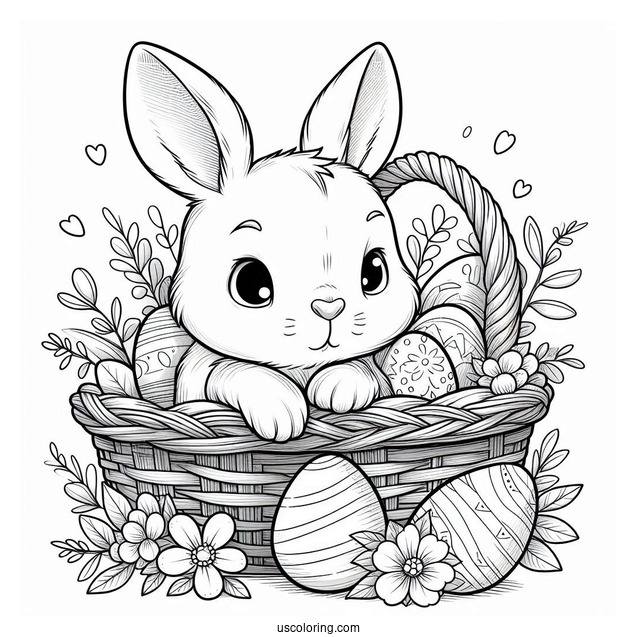 Detailed Easter Bunny Guarding Basket Of Eggs In April Coloring Page