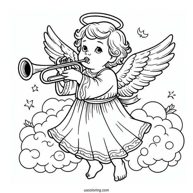 Boy Angel In White Robes Playing Trumpet