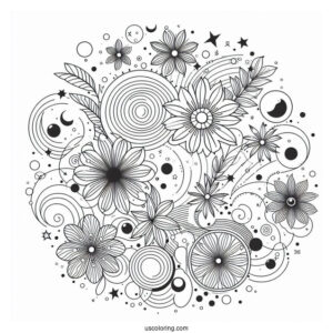 Circles, Stars, And Flowers Abstract Coloring Page
