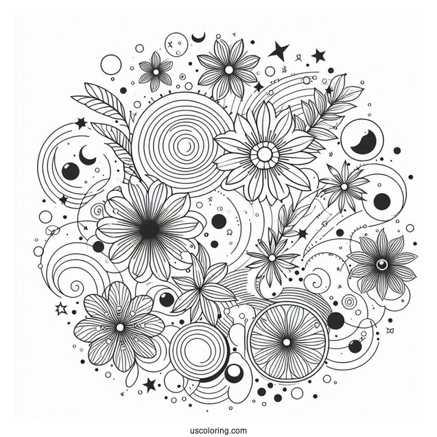 Circles, Stars, And Flowers Abstract Coloring Page