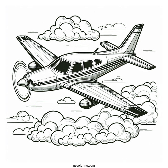 Private Plane Flying In The Clouds To Color