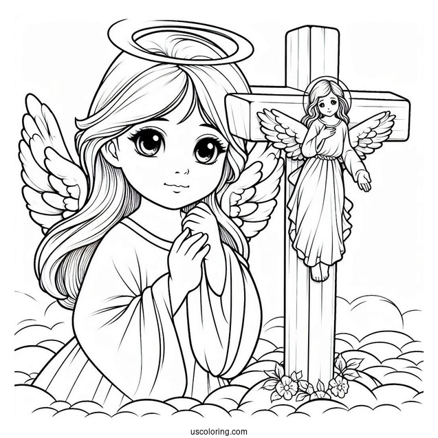 Young Angel Next To Jesus Cross To Color