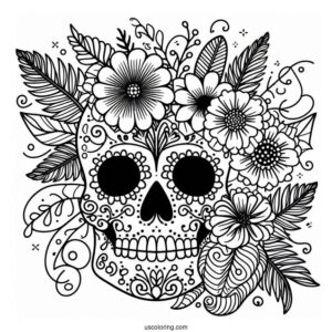 Sugar Skull With Flowers Abstract Coloring Page