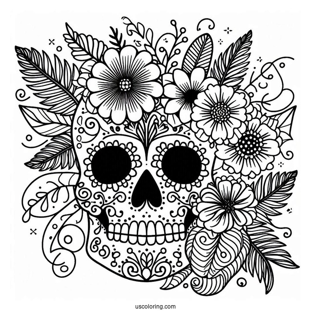 Sugar Skull With Flowers Abstract Coloring Page