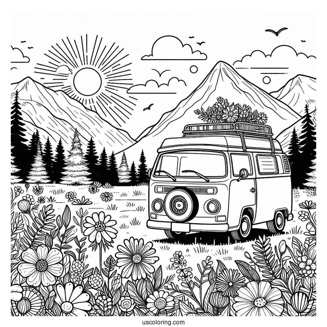 April Coloring Page Adventure Await Campervan In A Flower Field