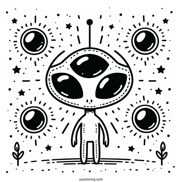 Cute Alien Coloring Page With Five Eyes For Kids
