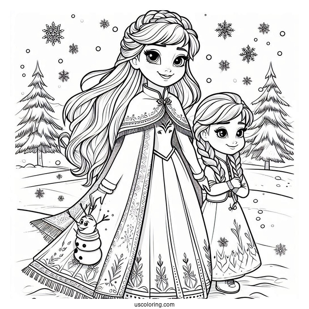 Frozen Anna And Elsa In Winter Coloring Sheet