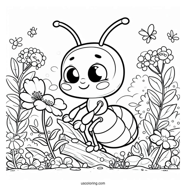 Cute Chibi Ant Coloring Page In A Garden For Preschoolers