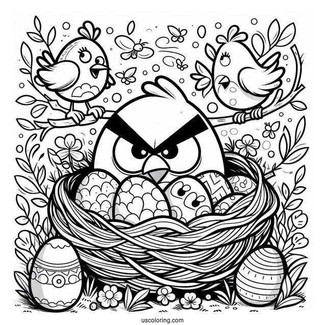 Coloring Page Of Angry Birds Around Eggs In Nest