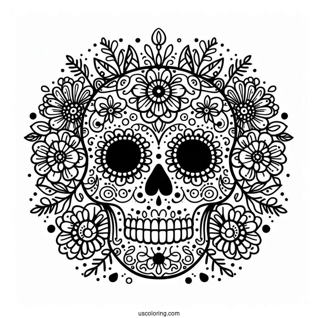 Sugar Skull With Flowers Abstract Coloring Page