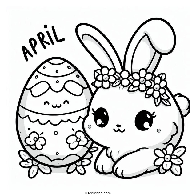 Kawaii Easter Egg And Bunny In April Coloring Page For Kids