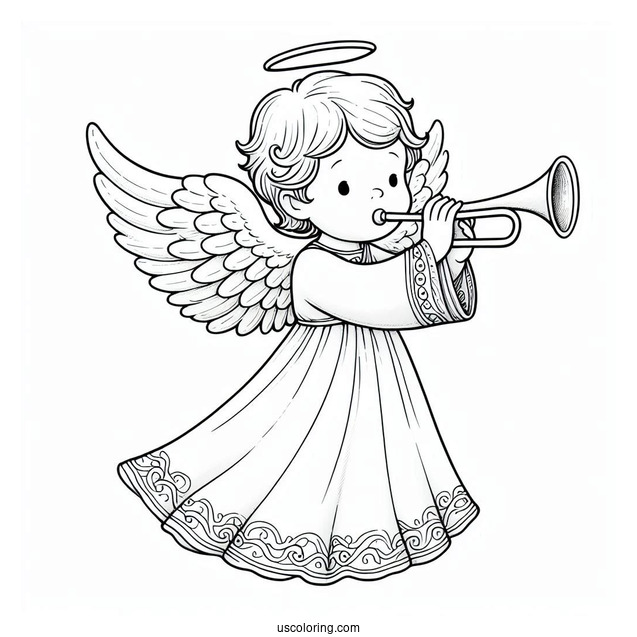 Boy Angel In White Robes Playing Trumpet