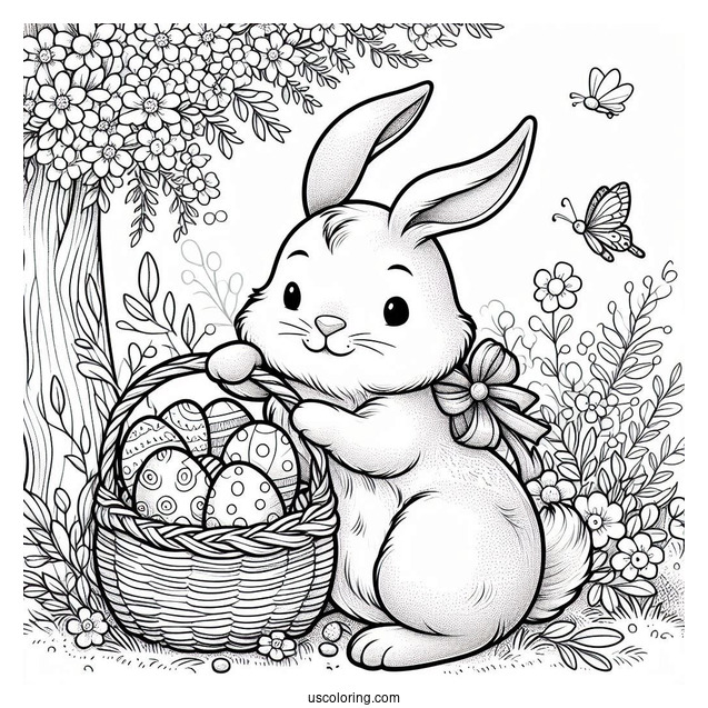 Detailed Easter Bunny Guarding Basket Of Eggs In April Coloring Page