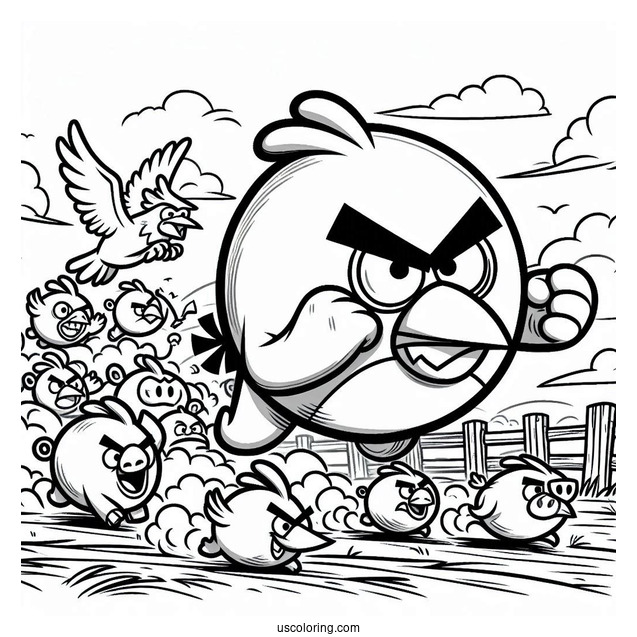 Angry Birds Charging Towards Pigs Coloring Page