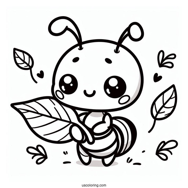 Kawaii Ant Coloring Page Holding A Leaf For Preschoolers
