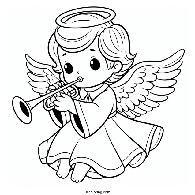 Boy Angel In White Robes Playing Trumpet