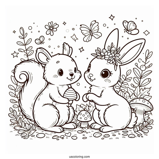 Cute Rabbit And Squirrel Playing In The Forest In April Coloring Page