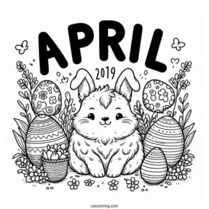 Fun April Coloring Page Word Above Massive Easter Eggs With Bunny