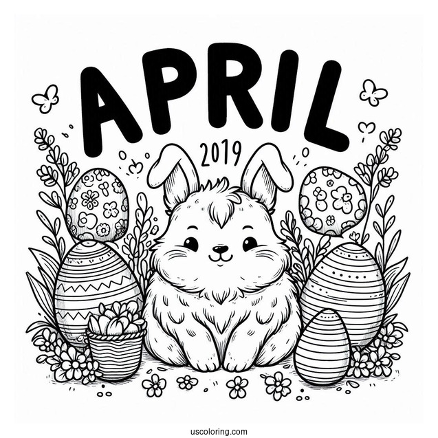 Fun April Coloring Page Word Above Massive Easter Eggs With Bunny