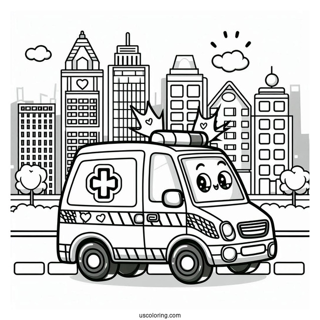 Cartoon Ambulance Coloring Page In The City For Kids